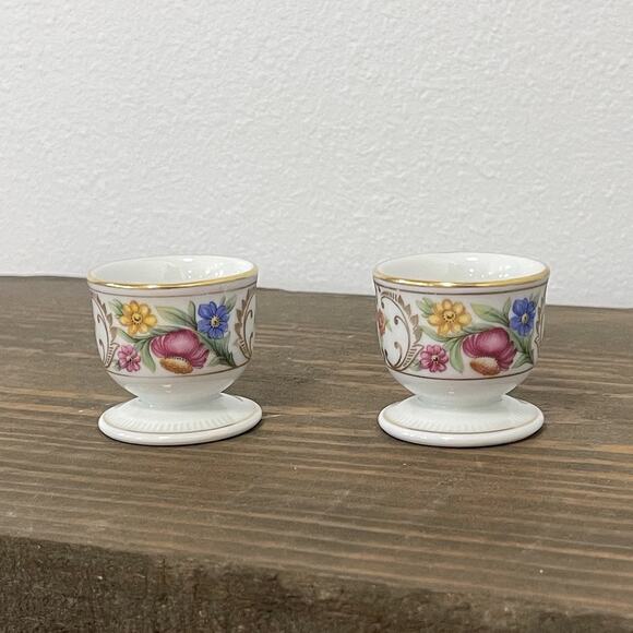 Winterling Bavaria Germany Egg Cups Floral Gold Trim Bone China Set of 2 Vintage - Picture 1 of 7